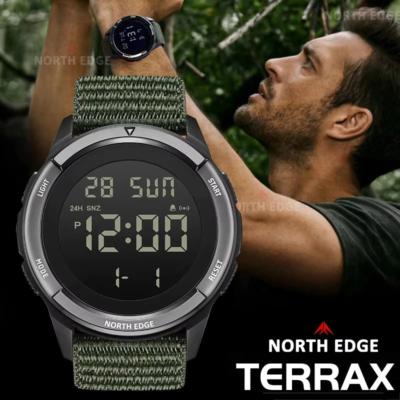 Reloj digital militar NORTH EDGE 2025 TERRAX para hombre, deportivo para exteriores, sumergible 50M, con cronómetro, cuenta atrás y luz.
