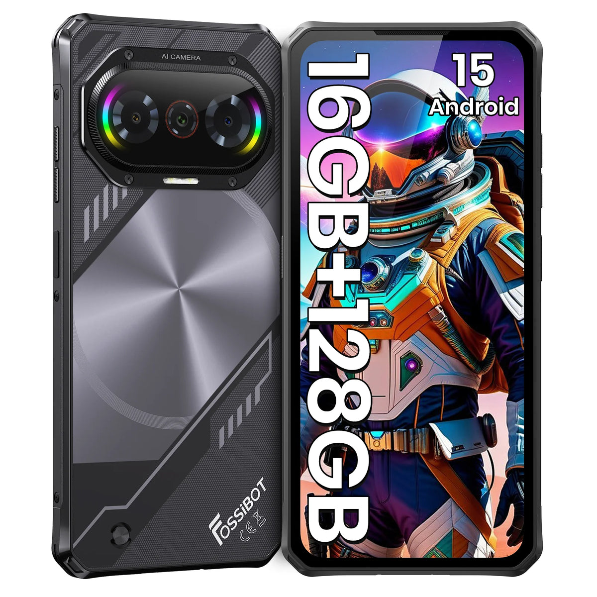 Teléfono inteligente ultradelgado y resistente Fossibot F114, Android 15, 16 GB (4+12 GB ampliables) de RAM y 128 GB de ROM, pantalla HD+ de 6,67", batería de 5000 mAh con carga de 18 W, cámara de 50 MP+8 MP+2 MP