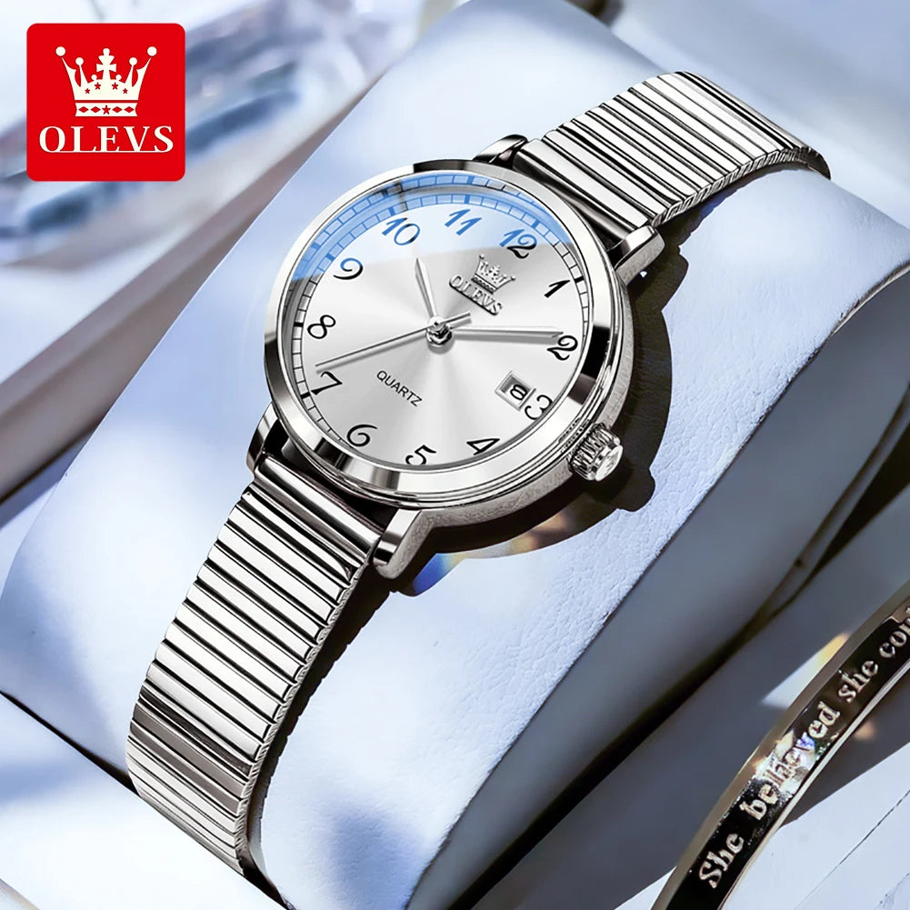 Reloj para mujer OLEVS 7130 de marca líder, resistente al agua, con correa de acero inoxidable y escala numérica