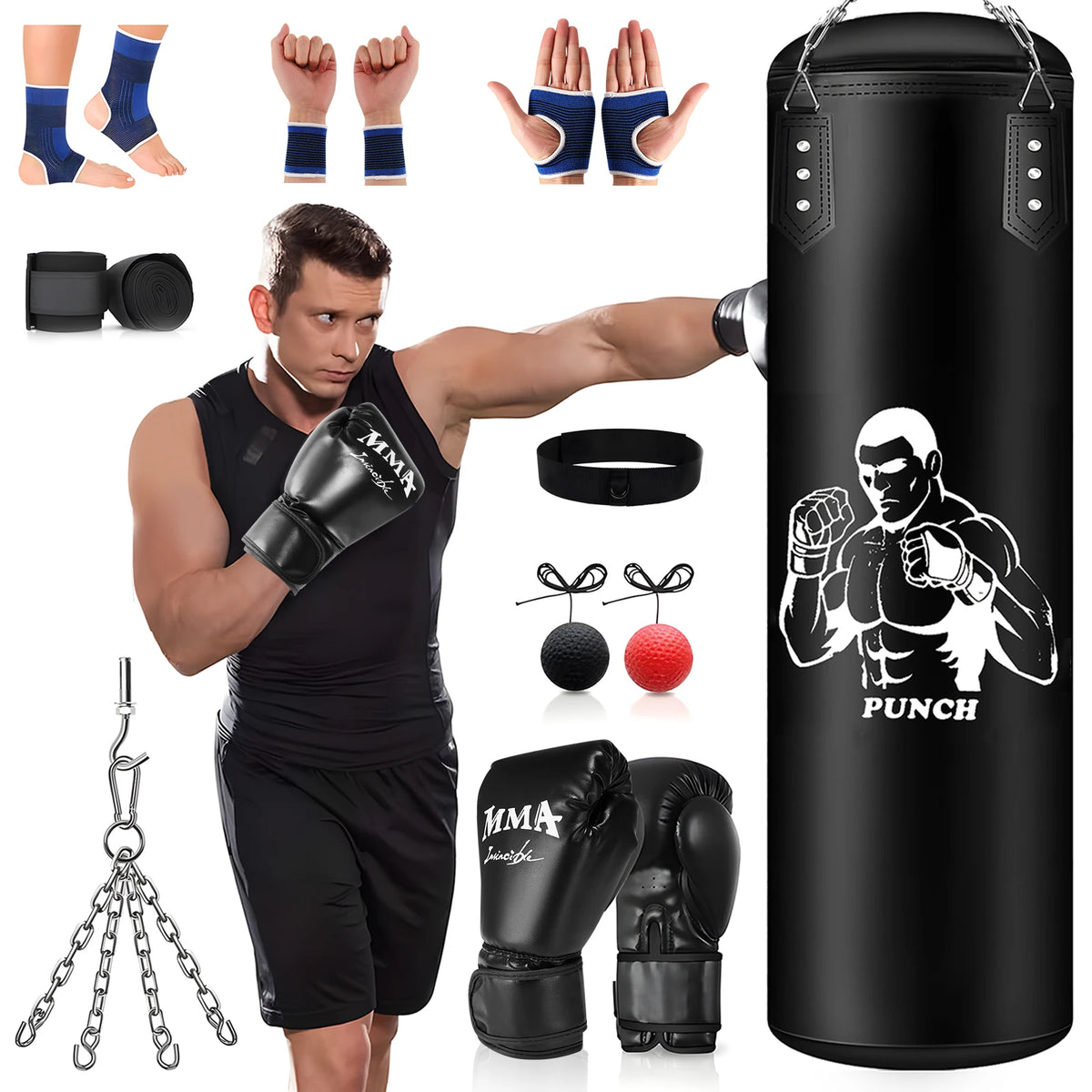Set de Saco de Boxeo Pesado Colgante, Saco de Boxeo de 4FT Sin Relleno Para Todas las Edades, Saco de Boxeo de Cuero PU con Guantes, Muñequera y Cadena de Colgado