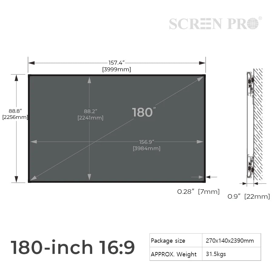 Pantalla de proyector ALR 16:9 gris de 180 pulgadas, con dimensiones