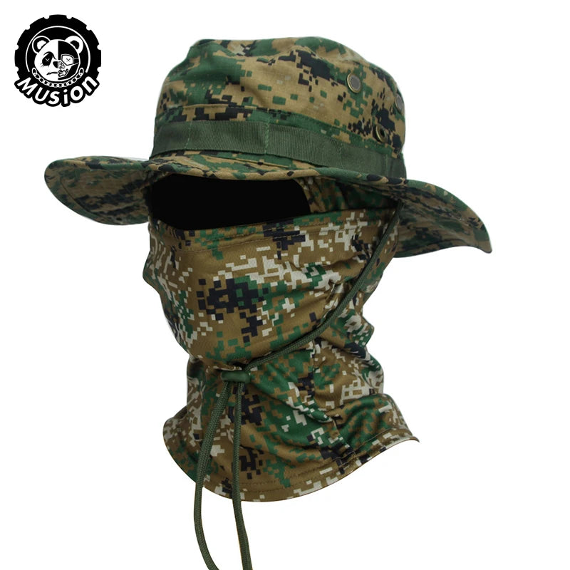 Conjunto de gorro de pescador con ala ancha y pasamontañas de camuflaje Musion para hombre, gorra tipo boonie para exteriores, sombrero de protección solar para pesca