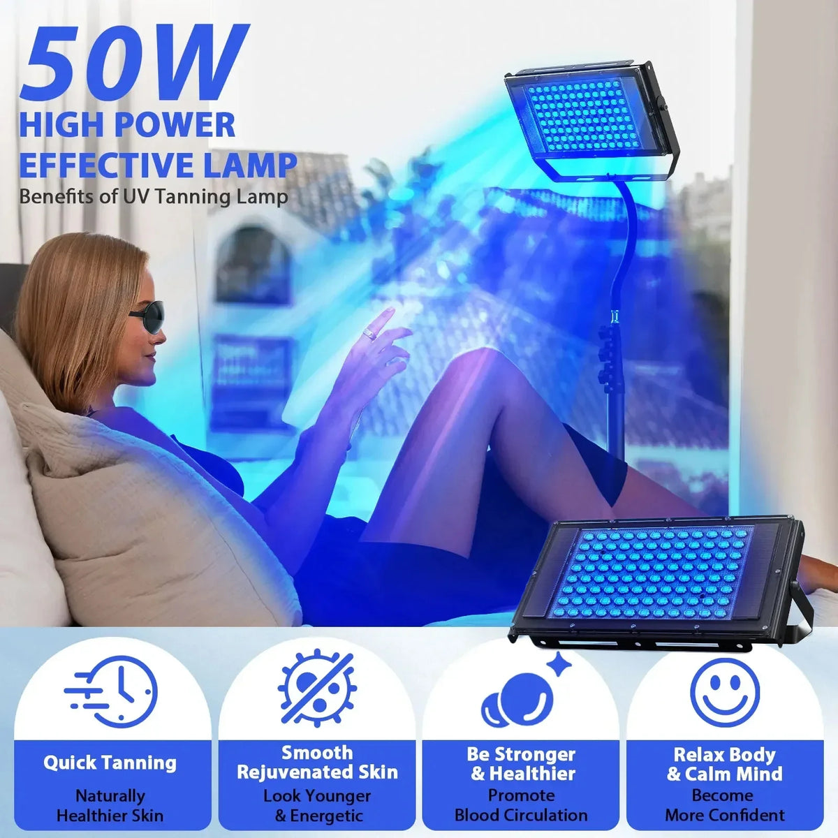 Lámpara de Bronceado Ultravioleta de 50W, 96 Leds de Luz Azul, Lámpara de Solárium de 460nm 480nm, Luz de Bronceado Corporal Completa para Interiores, Cuidado Profesional de la Piel