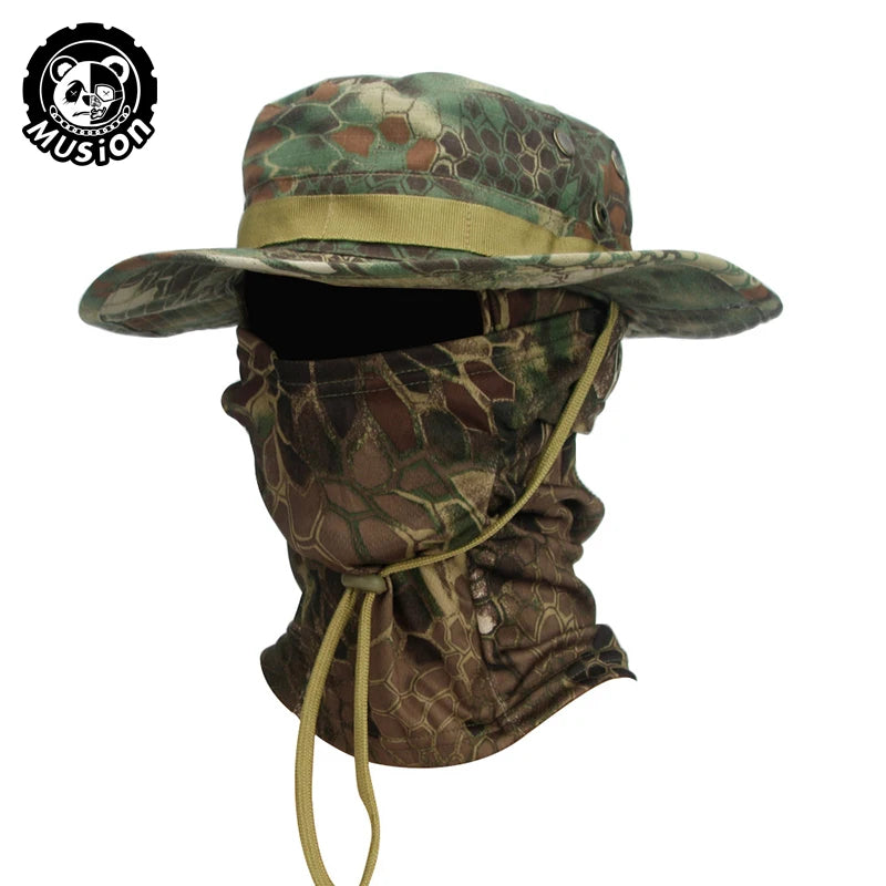 Conjunto de gorro de pescador con ala ancha y pasamontañas de camuflaje Musion para hombre, gorra tipo boonie para exteriores, sombrero de protección solar para pesca