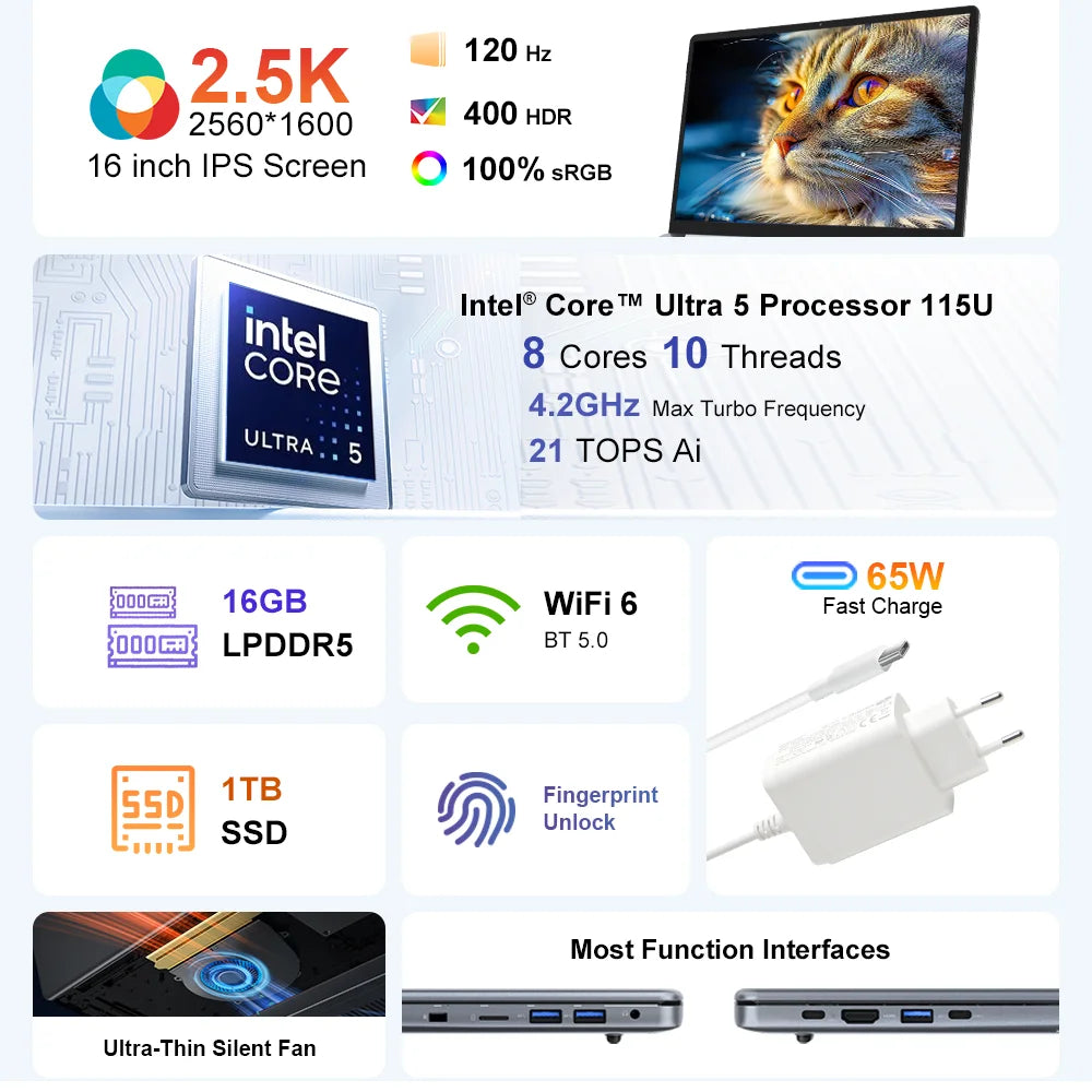 Ninkear N16 Pro AI Laptop Intel Core Ultra 5 115U, 16-inch 2.5K 120Hz IPS Display, 16GB LPDDR5 + 1TB SSD, WiFi 6, 79.8Wh Battery, Fingerprint Unlock, Backlit Keyboard, Windows 11