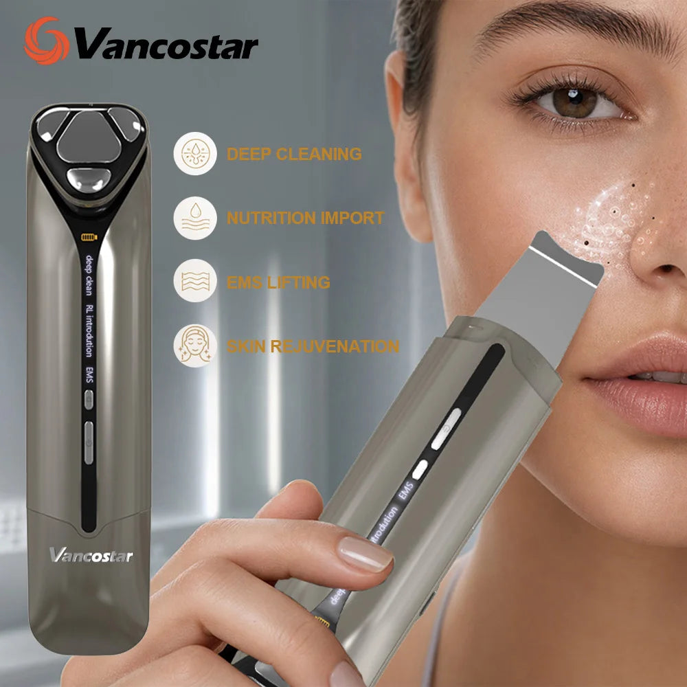 Limpiador Ultrasónico 4 en 1, Exfoliante Facial, Limpiador de Piel, EMS, Exportación de Iones, Luz Roja, Eliminador de Puntos Negros, Tecnología de Belleza para el Cuidado de la Piel, Dispositivo para el Hogar