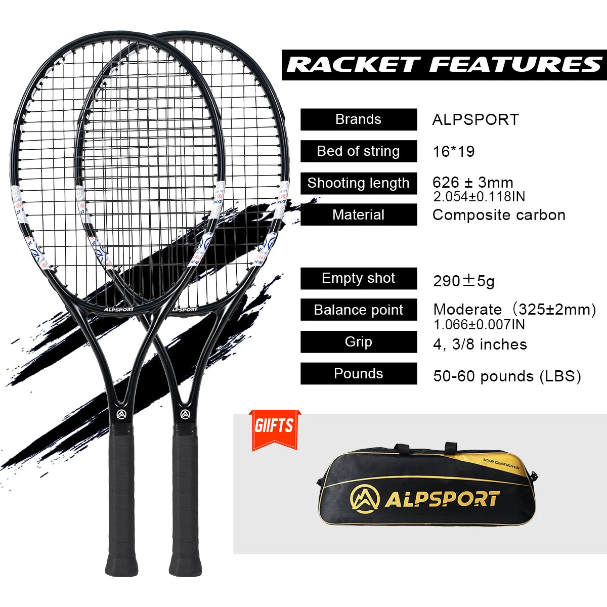 ALPSPORT T800 18K Raqueta de Tenis Profesional de Fibra de Carbono – Ligera (280g) con Bolsa y Correa Antideslizante, Envío Rápido para Entrenamiento