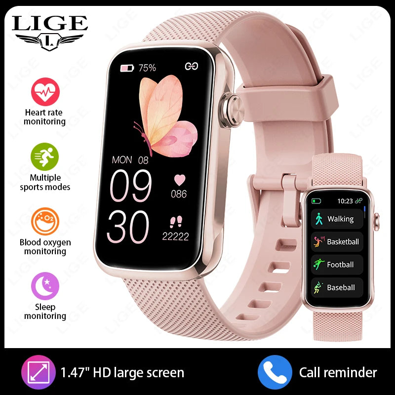 Reloj inteligente LIGE de 1.47" para mujer y hombre, pulsera inteligente con monitor de frecuencia cardíaca, contador de pasos, deporte, fitness, salud y resistente al agua, smartwatch para dama