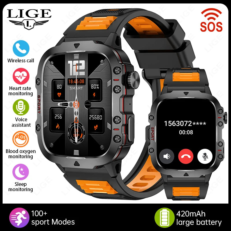 LIGE Nuevo Reloj Inteligente Pantalla de 1.96 Pulgadas 420 mAh Llamada Bluetooth Asistente de Voz Reloj Deportivo Fitness Reloj Inteligente Impermeable para Hombre