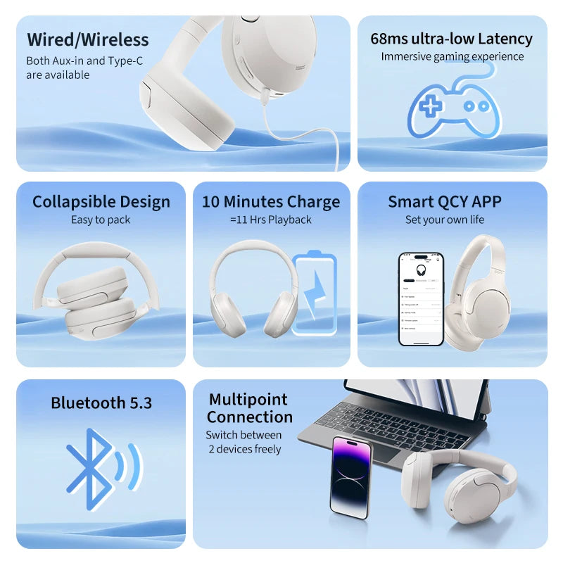 Auriculares inalámbricos QCY H3 Lite con cancelación de ruido activa, Bluetooth 5.3, auriculares para gaming, controlador de 40 mm, sonido HiFi, auriculares de diadema, conexión multipunto
