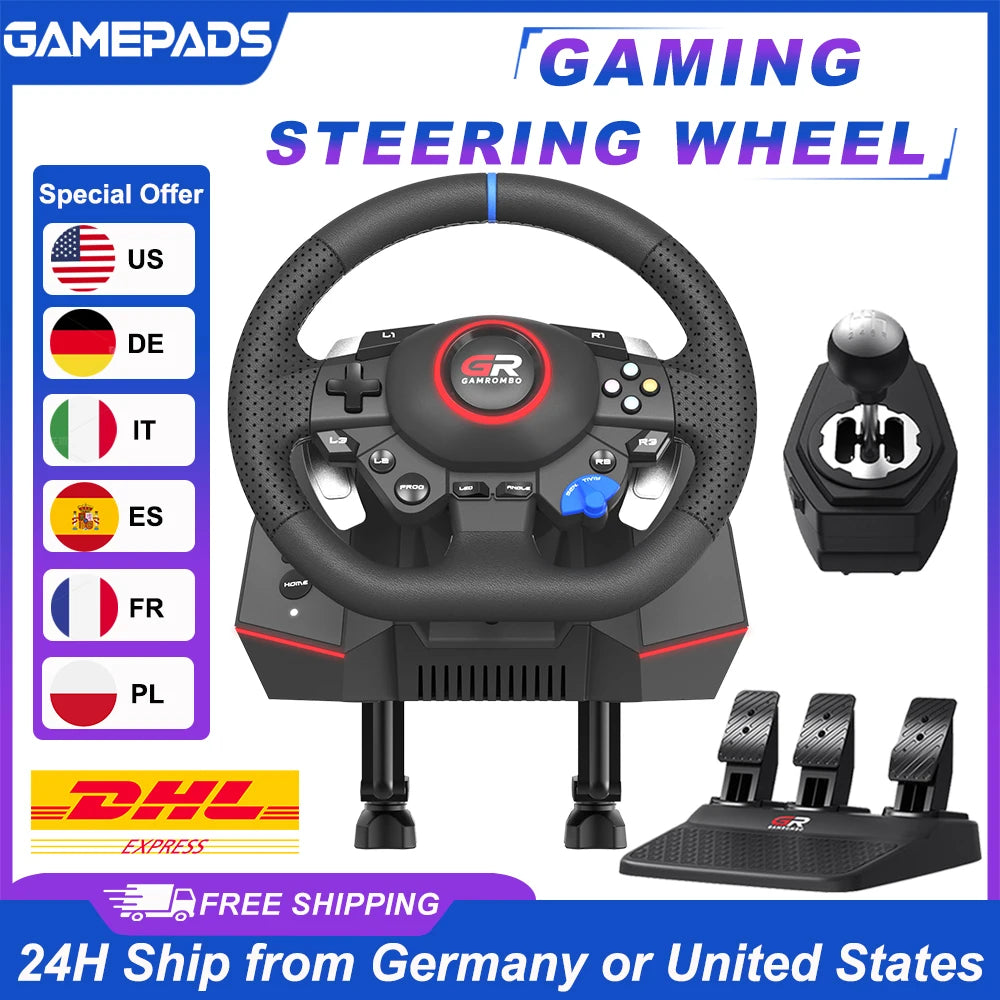 Volante de carreras para juegos PS5/PS4/PC, 270° y 900°, simulador RGB con vibración macro, sensor Hall, set de 3 pedales y palanca de cambios