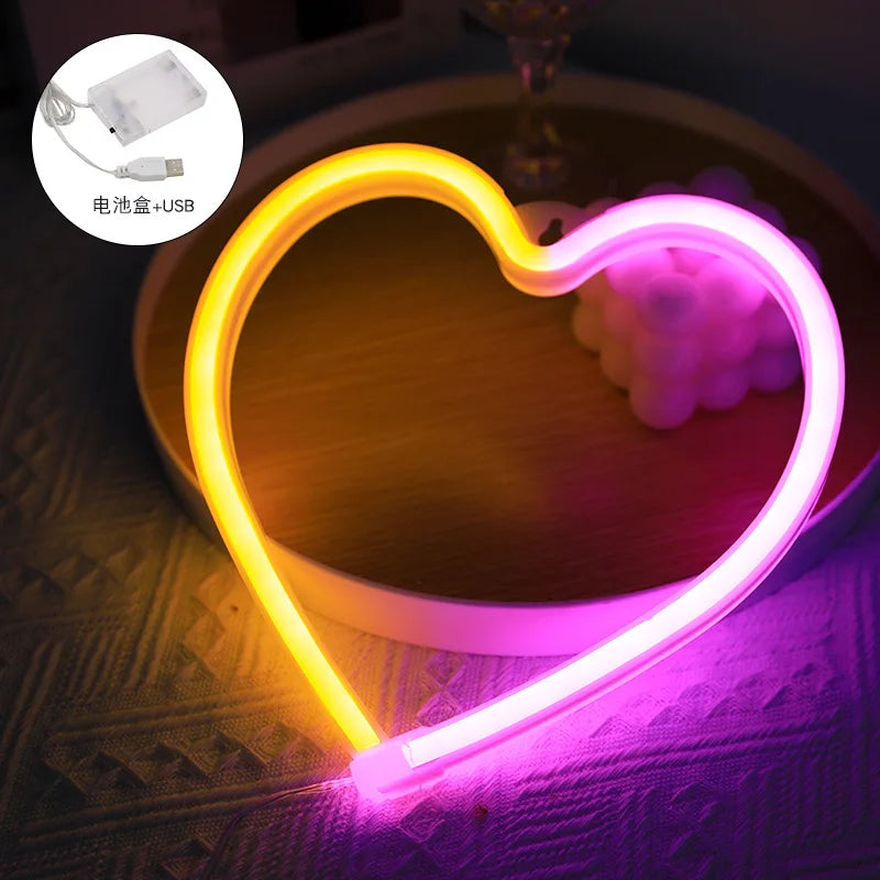 Letrero LED con corazón multicolor amarillo y rosa, alimentado por USB
