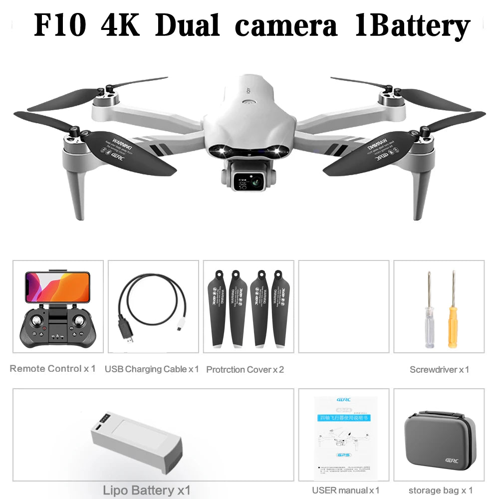 Dron RC 4DRC F10 GPS 6K HD Cámara Dual Gran Angular 5G WIFI FPV Cuadricóptero Plegable Sin Escobillas con Evitación de Obstáculos UAV Aéreo 2KM