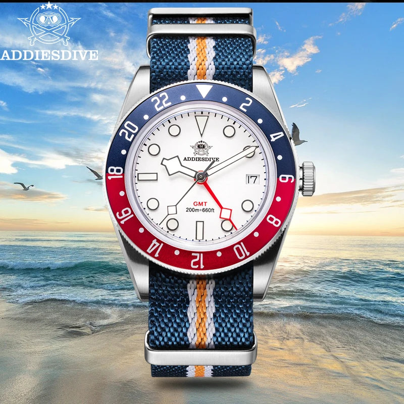 Reloj GMT de lujo para hombre ADDIESDIVE AD2044, cristal de burbuja, cuarzo suizo Ronda, reloj de negocios para hombre, resistente al agua 200 m, luminiscencia BGW9