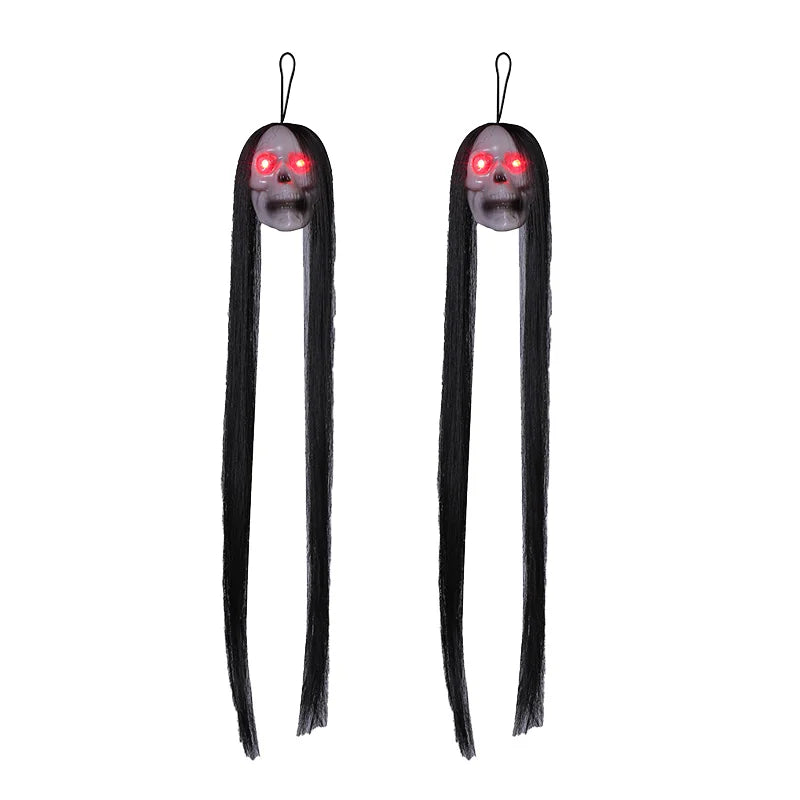 Accesorio de calavera fantasmagórica de Halloween con cabello largo, ojos brillantes, cabeza de esqueleto de terror para decoración de casa embrujada, fiesta y jardín al aire libre