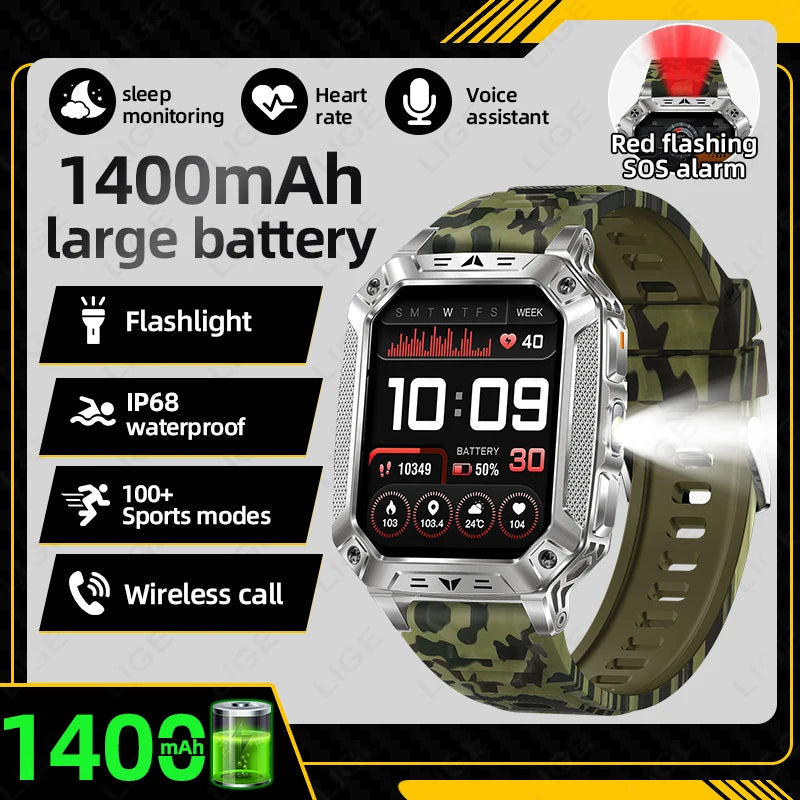 LIGE Built-in 1400mAh Super Large Battery Men Smart Watch Outdoor Flashlight IP68 Waterproof BT Call 2.01" New Smartwatch 2026