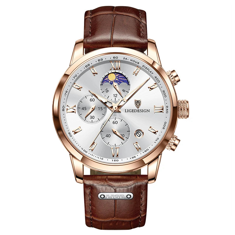 LIGE Men Watch Luxury Leather Waterproof Sport Quartz Wristwatch Chronograph Military Watch for Men Relogio Masculino Men‘s Gif