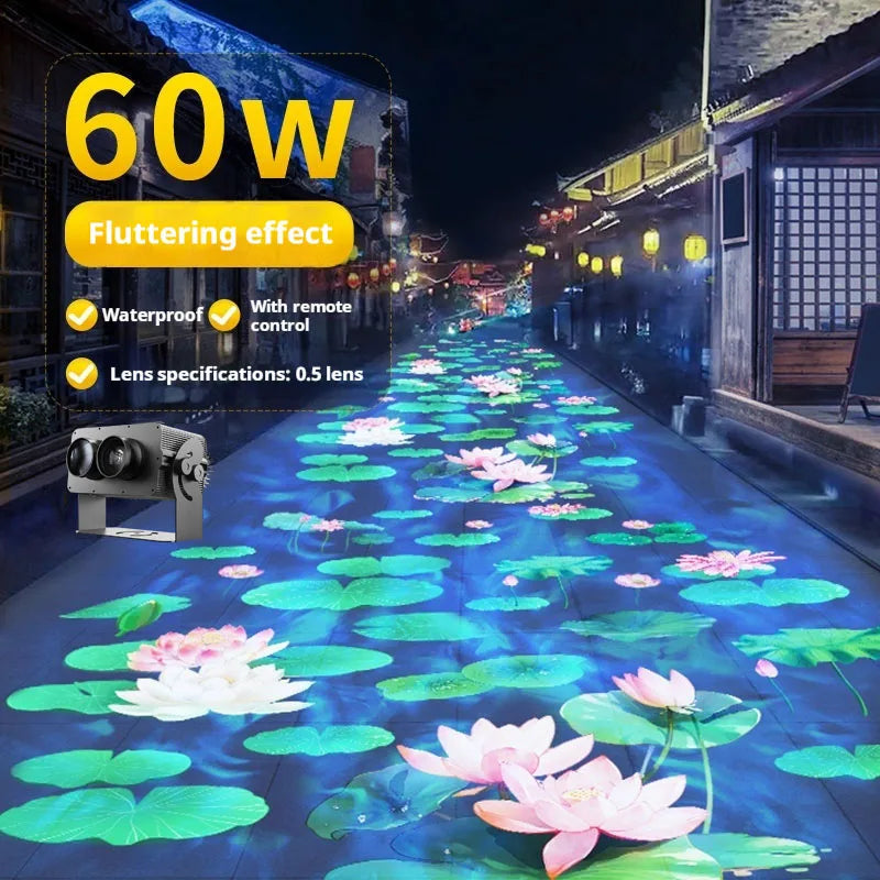 Proyector dinámico 3D con foco de suelo de flor de loto y ondas de agua, luz decorativa creativa para paisajes exteriores y luz ambiental