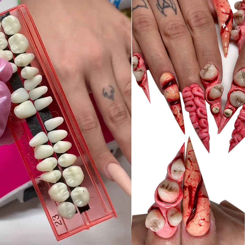 Dijes para uñas con dientes de sangre de cristal 3D, diamantes de imitación mezclados para uñas con dientes de Halloween