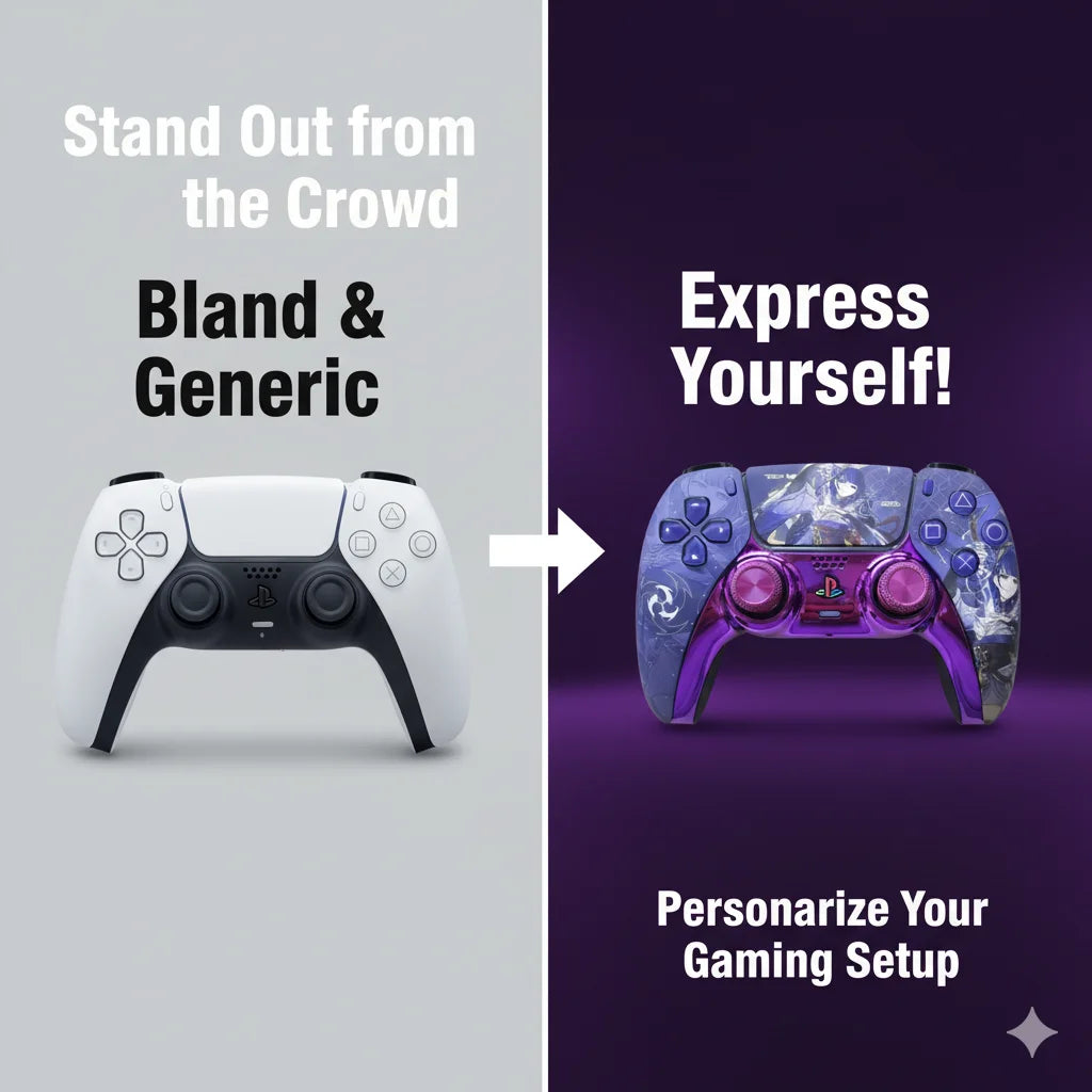 Carcasa morada para mando PS5 con diseño anime frente a mando blanco