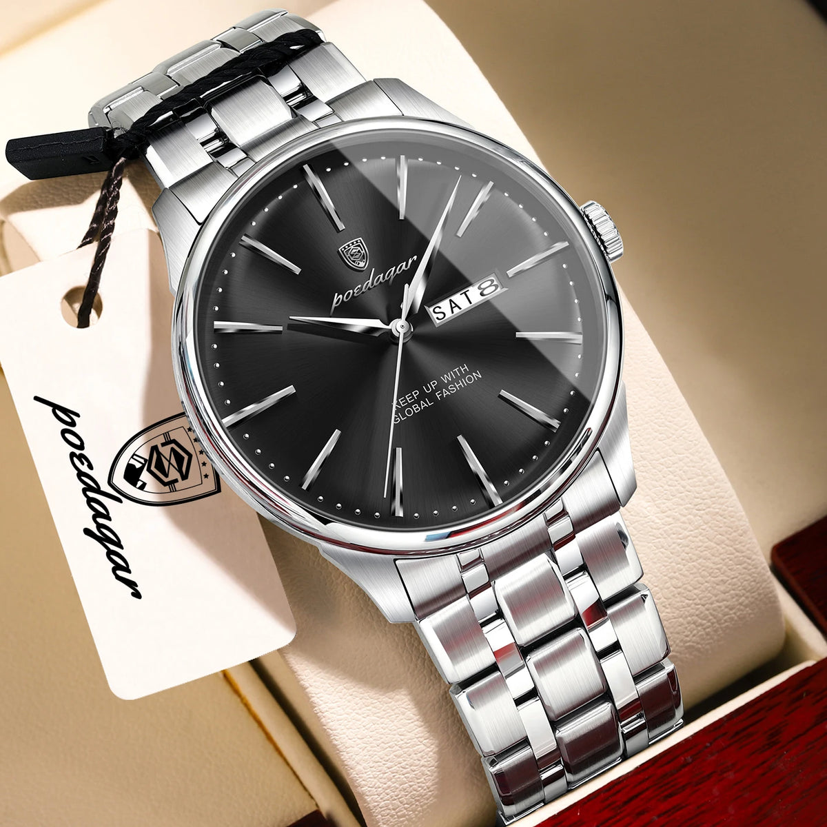 POEDAGAR Business Male Watch Fashion Waterproof Stainless Steel Men's Wristwatch Date Week Quartz Elegant Watches For Men Reloj