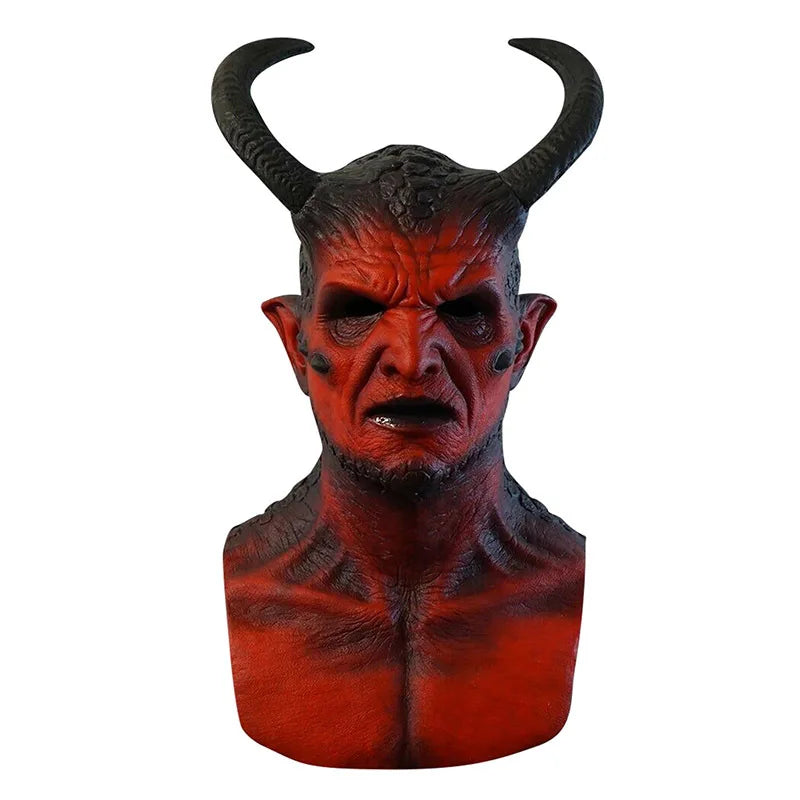Máscara de látex de demonio de terror, disfraz de Halloween, accesorio de actuación, casco de bestia con cuernos para fiesta de carnaval, accesorio para adultos 2025