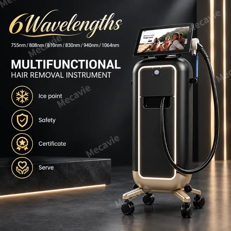 Máquina profesional de depilación láser con diodo de 6 longitudes de onda, sistema de colimación de eje rápido, sistema de enfriamiento por puntos de hielo y para el cuidado de la piel en salones de belleza.