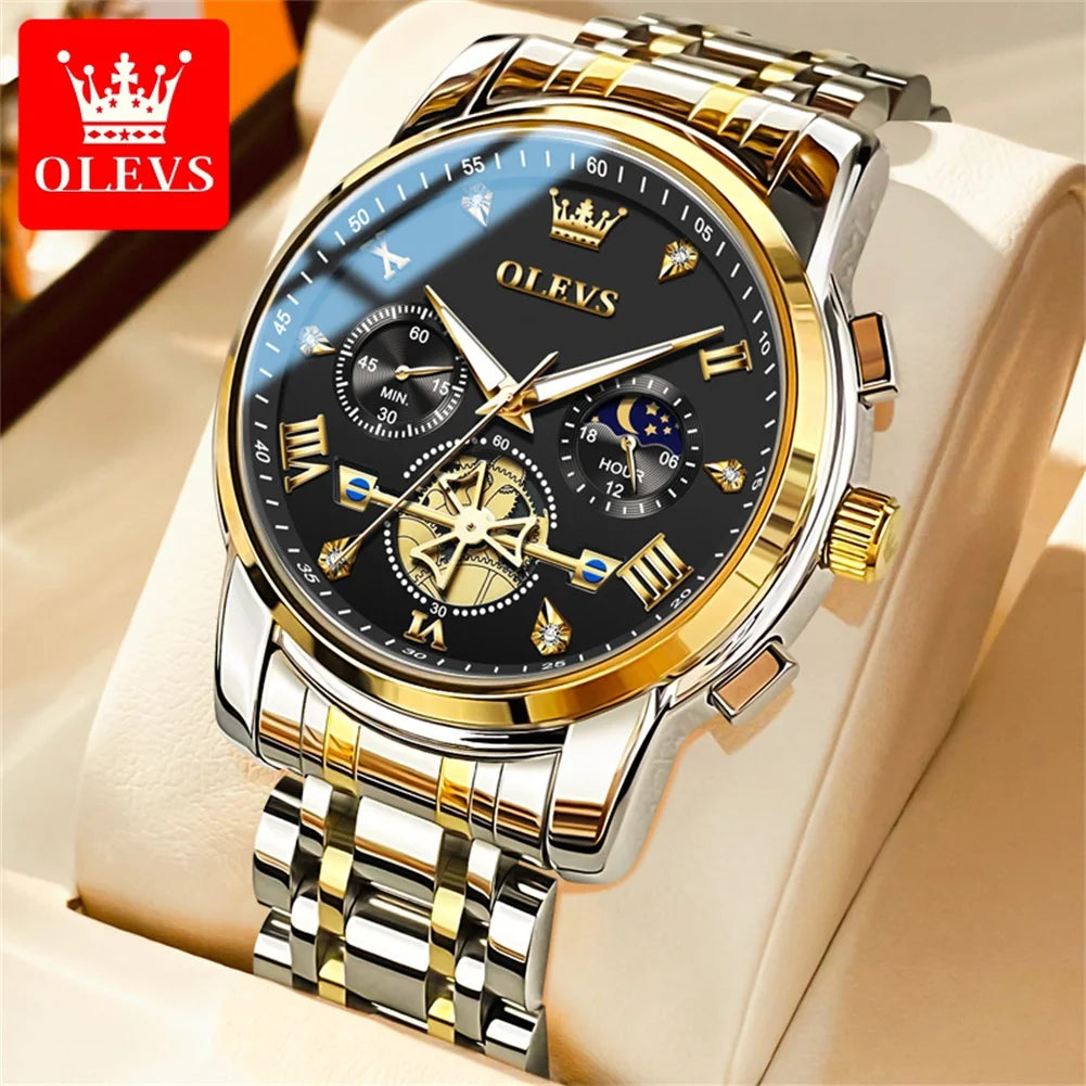 Relojes de cuarzo OLEVS 2856 para hombre, diseño de volante de moda, cronógrafo, resistente al agua, luminoso, calendario, fase lunar, relojes de pulsera para hombre