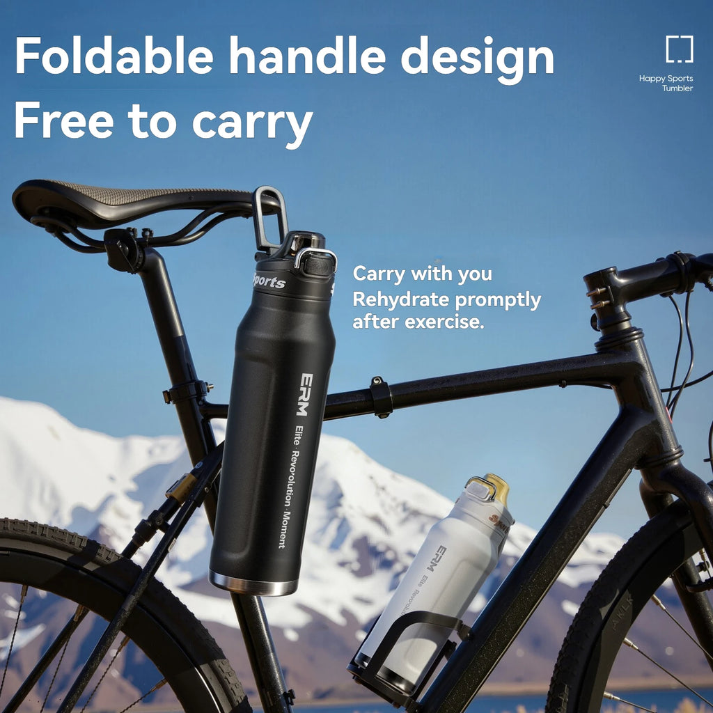 Botella de agua aislada de acero inoxidable, termo para ciclismo, para bebidas frías y calientes, de doble pared, portátil, con asa, taza deportiva para exteriores