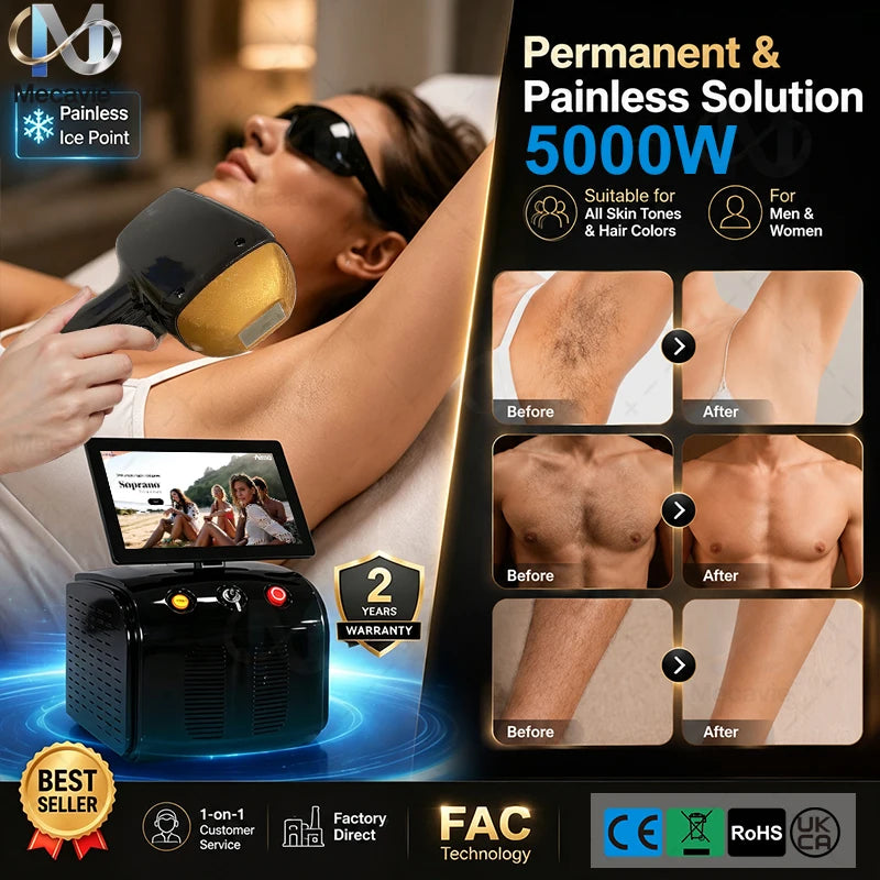 Máquina Portátil de Depilación Láser de Diodo Soprano Ice Titanium, 4 Longitudes de Onda 755/808/940/1064, 5000W, Enfriamiento con Hielo, Indolora, Permanente
