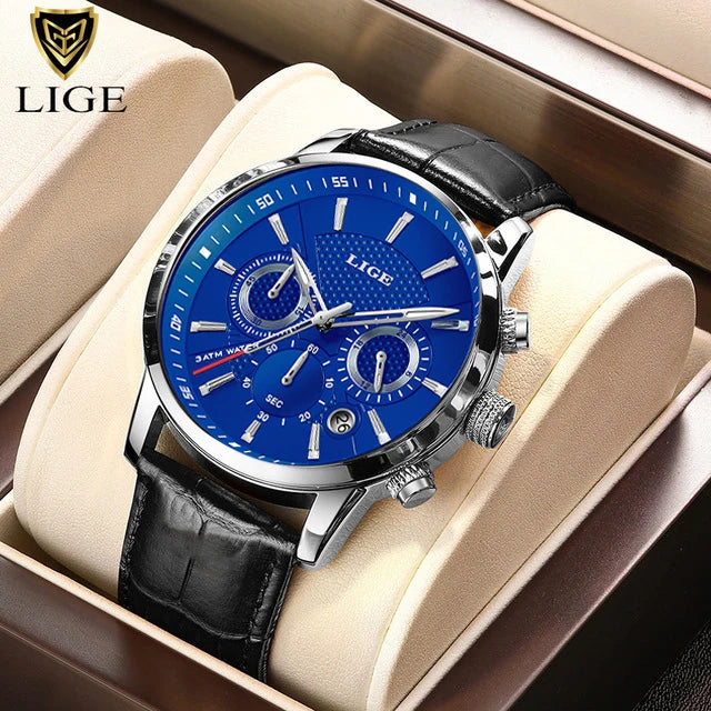 Nuevo reloj para hombre LIGE, diseño de negocios a la moda con correa de cuero genuino marrón, reloj de cuarzo deportivo impermeable con calendario para hombre