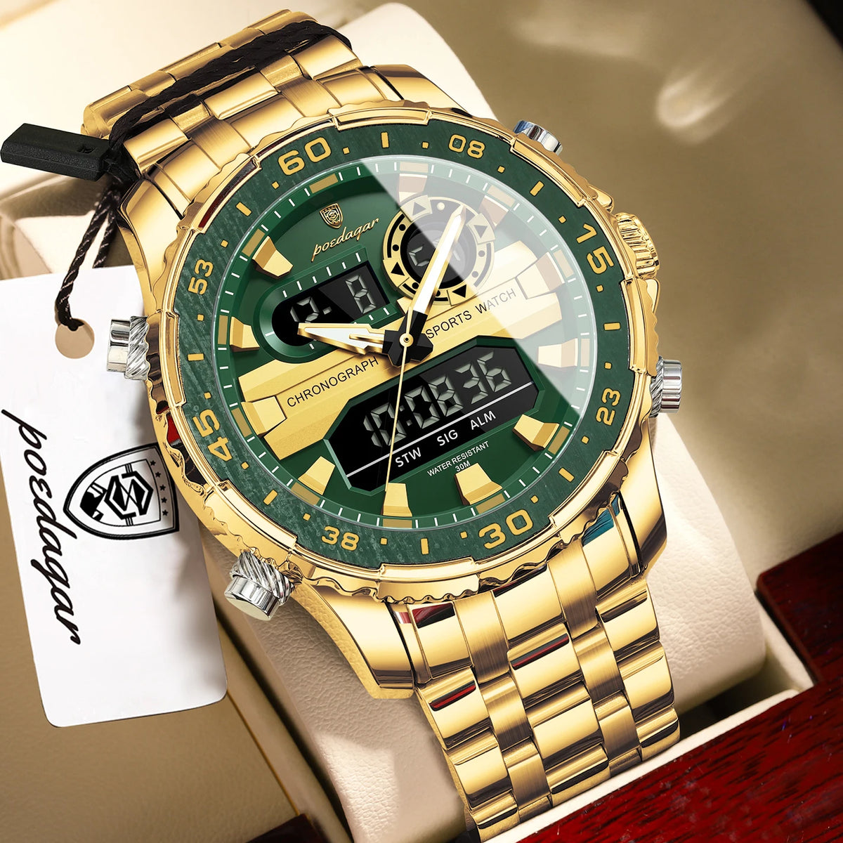 Reloj de pulsera electrónico de moda para hombre POEDAGAR, con semana, fecha, LED luminoso, pantalla de doble hora, relojes digitales de cuarzo para hombre
