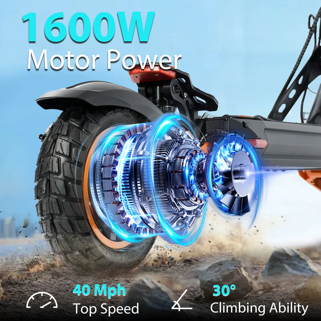 Motor eléctrico de 1600W del patinete; rueda girando con polvo y salpicaduras.