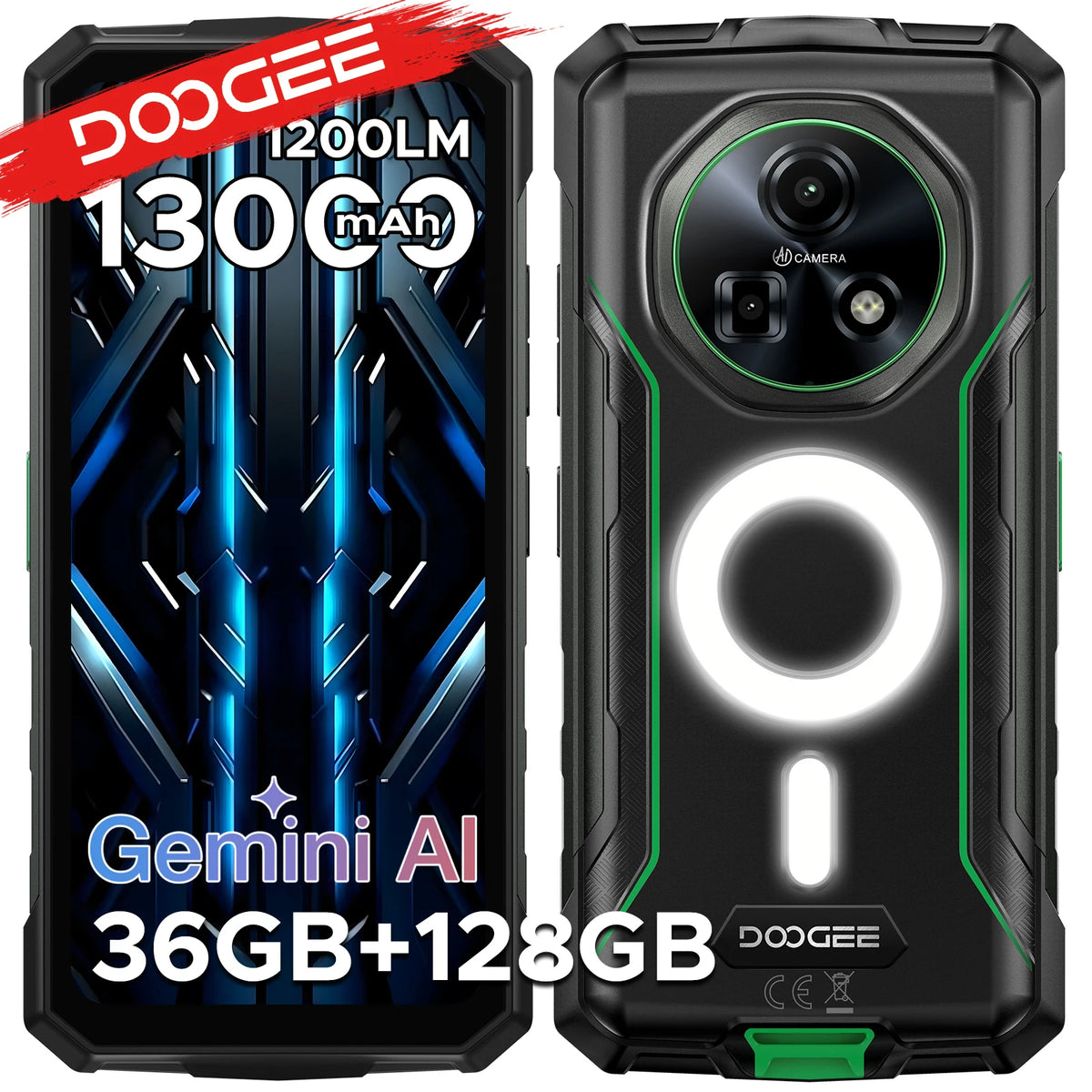 DOOGEE Fire 5 Ultra Teléfono resistente con luz de camping doble, 6.6", batería de 13000mAh, 36GB RAM (6+30) 128GB ROM, Google Pay, NFC, Helio G81, Smartphone