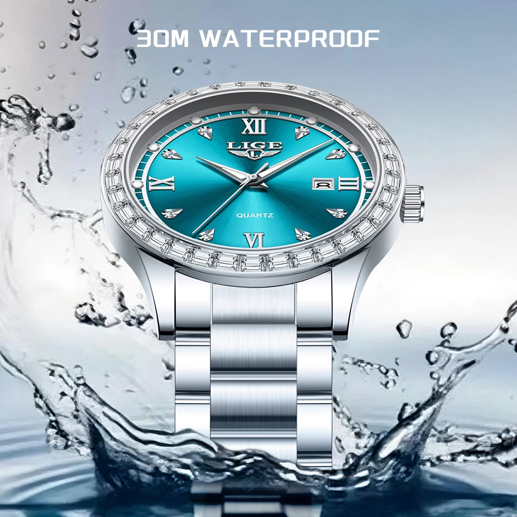 LIGE Original Quartz Watch for Women Diamond Dial Stainless Steel Waterproof Luminous Elegant Women's Wristwatches Reloj Mujer