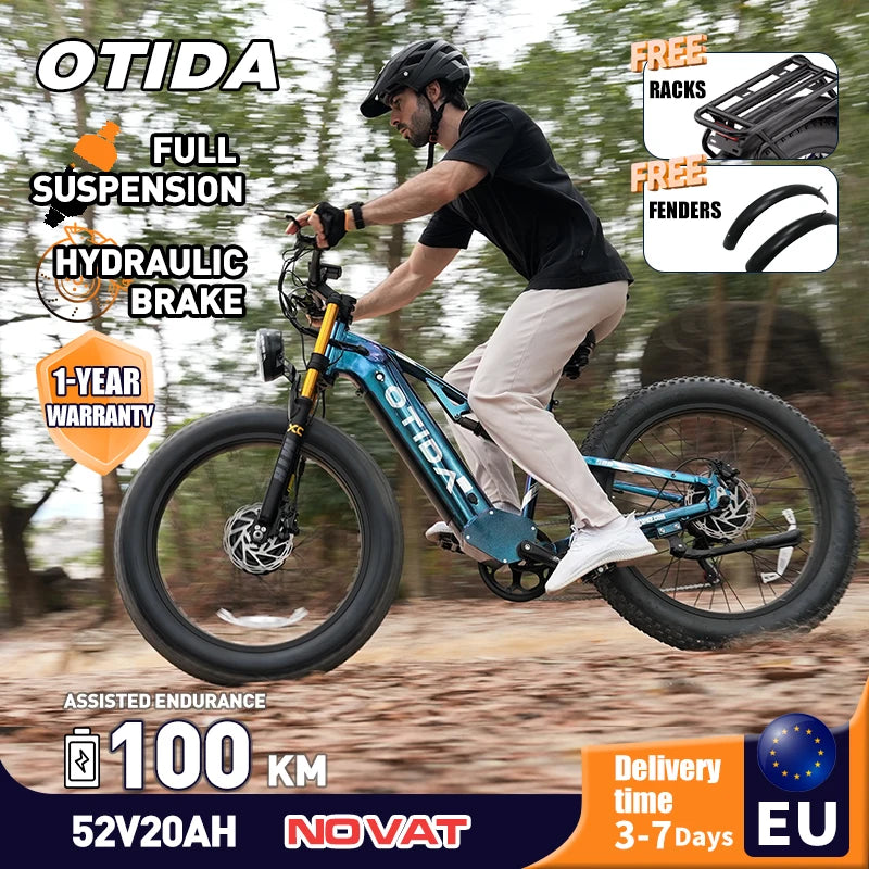 Bicicleta eléctrica potente de doble motor OTIDA S26, batería de 52V20Ah, neumáticos anchos de 26 pulgadas y 4.0, bicicleta eléctrica de montaña MTB para adultos