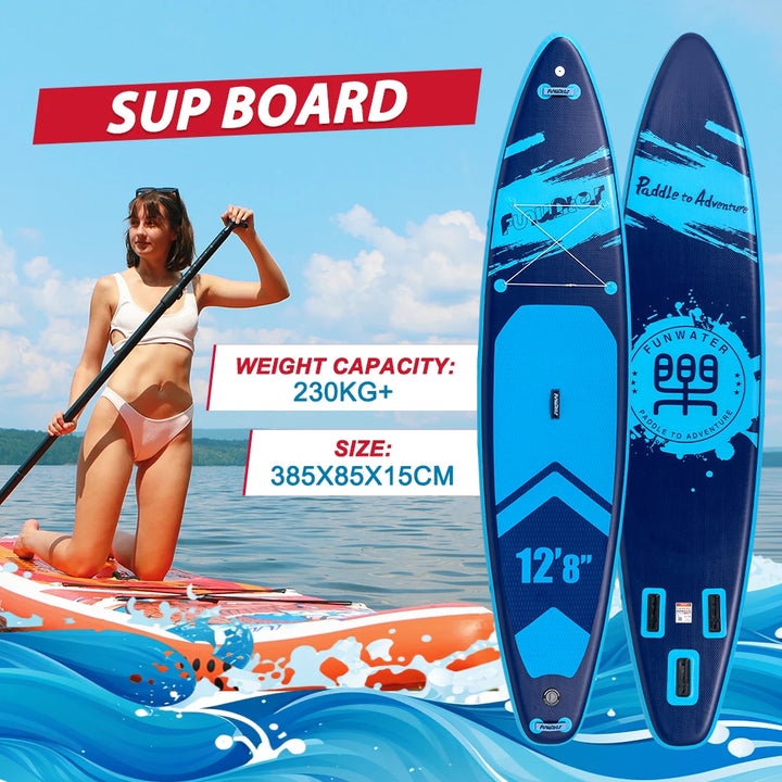 Tabla de paddle surf inflable Funwater (385x85x15 cm), capacidad de carga de 230 kg, superficie antideslizante, incluye 2 remos, 2 correas de seguridad, 2 bolsas impermeables, soporte para GoPro, bomba de aire y mochil