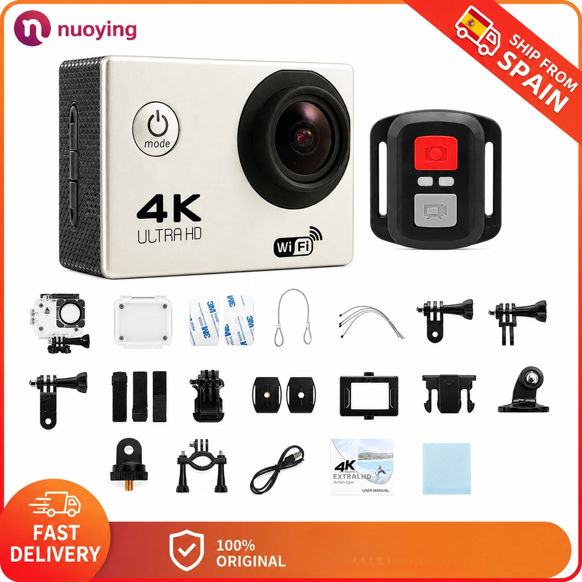 Cámara de Acción 4K Ultra HD Resistente al Agua, Videocámara Deportiva WiFi 1080P 30FPS, Pantalla de 2.0 Pulgadas 170° °   Cámara Mini Subacuática de Gran Angular para Grabación de Video al Aire Libre