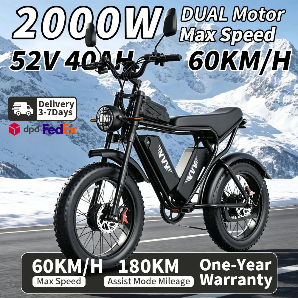 YVY/RAYZEPH C20MAX Ebike EU Stock 2000W 20*4" Inch Fat Tire Electric Bike 52V 40Ah Removable Battery 7-Speed Gears Dual Hydraulic Braking Adu