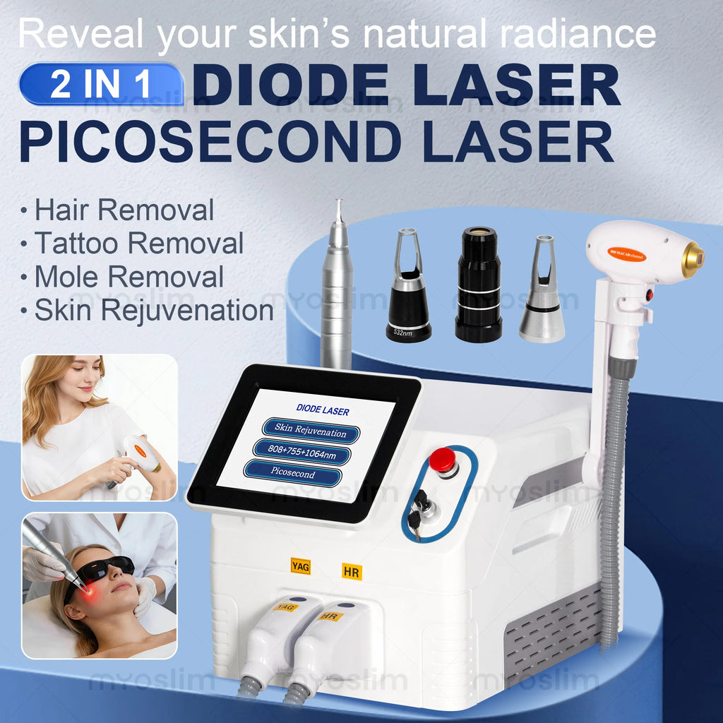 Máquina Láser de Diodo 2 en 1 de Picosegundos 808nm 755nm 1064nm para Depilación Permanente, Eliminación de Tatuajes y Rejuvenecimiento de la Piel