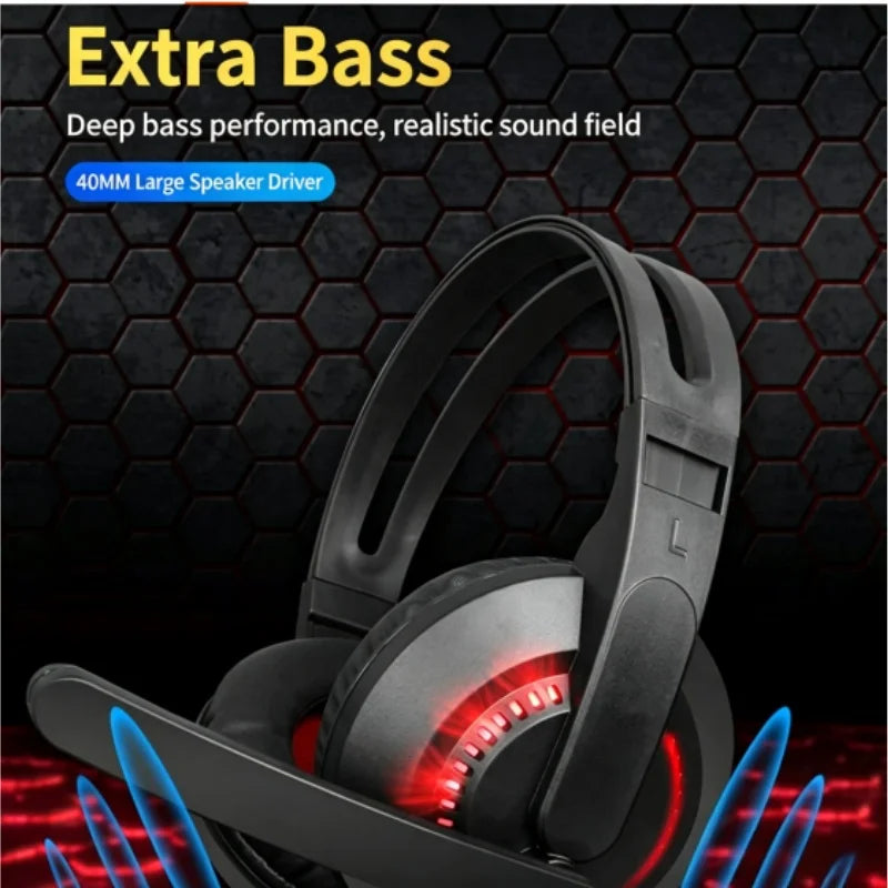 Auriculares gaming negros con barra LED roja en la copa y diadema ajustable