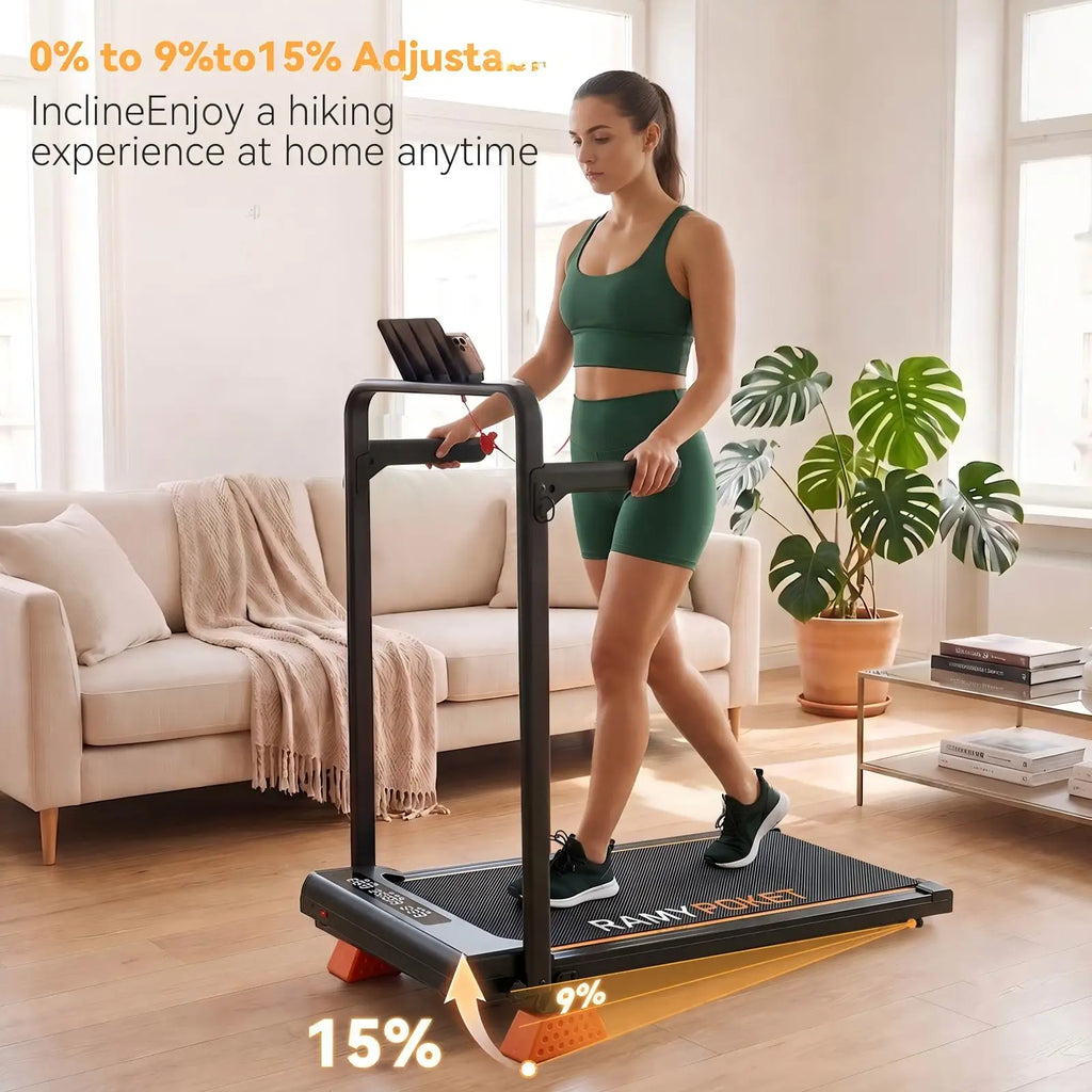Caminadora plegable Ramypoket con inclinación del 15 %, velocidad máxima de 12 km/h, control mediante aplicación y pantalla LED, caminadora para oficina con capacidad máxima de carga de 150 kg.