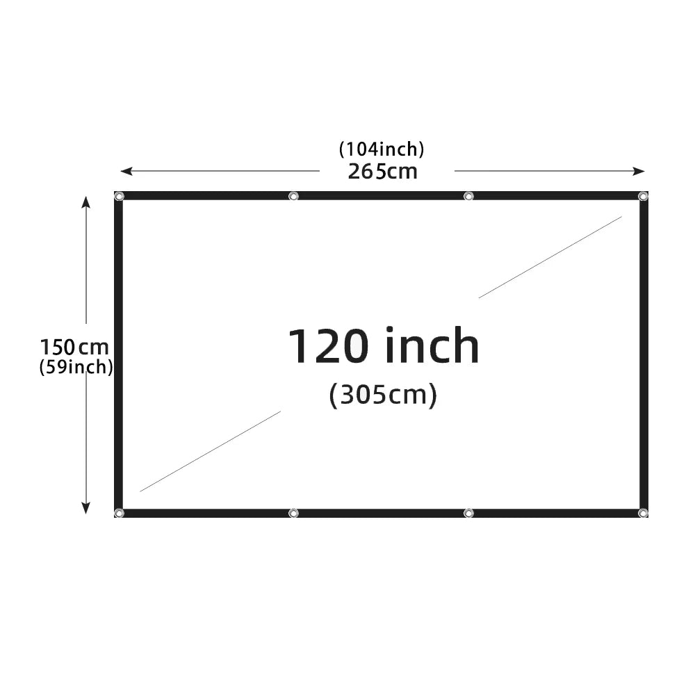 Pantalla de proyector blanca con borde negro y ojales, 120 pulgadas.