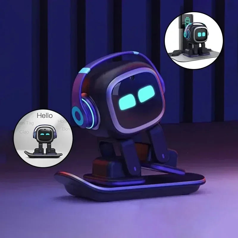 Robot EMO negro con ojos LED y auriculares luminosos, vista lateral sobre base