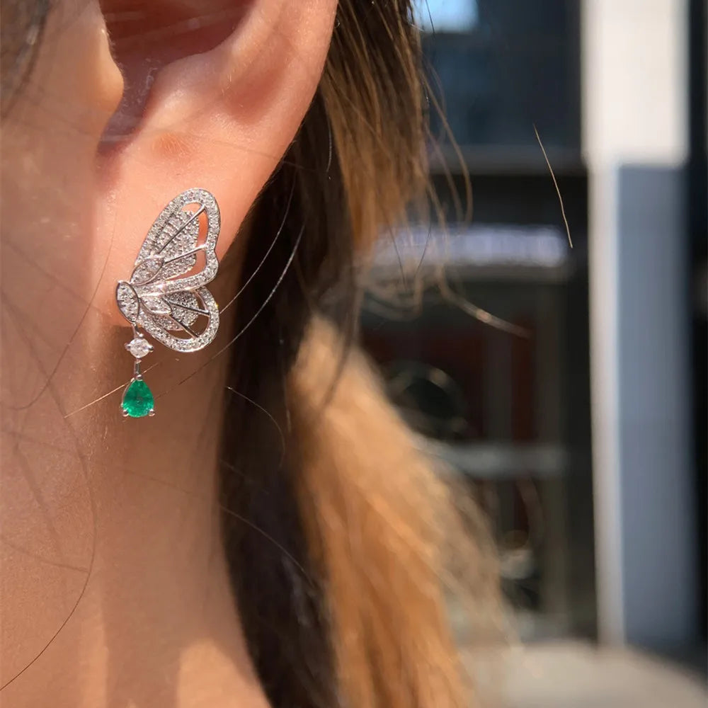 UBESTNICE romántico Real 18K joyería de oro blanco sólido AU750 diamantes naturales Esmeralda mariposa pendientes colgantes para mujer regalo de fiesta
