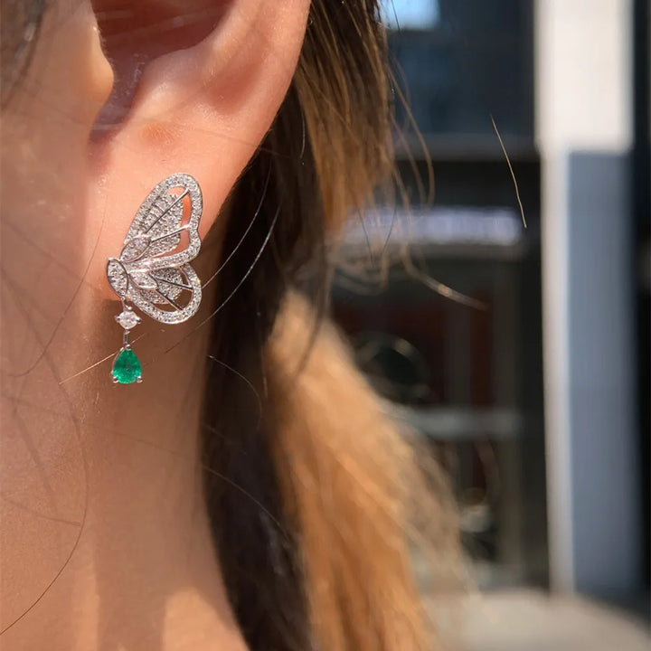 UBESTNICE romántico Real 18K joyería de oro blanco sólido AU750 diamantes naturales Esmeralda mariposa pendientes colgantes para mujer regalo de fiesta