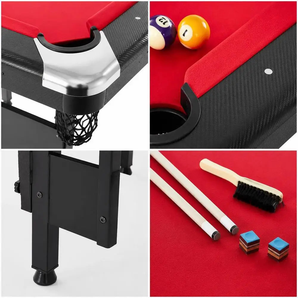 Mesa de billar de 6.3 pies, mesa de juegos plegable y portátil, ahorradora de espacio con bolas, tacos, tiza y cepillo, color negro con paño rojo