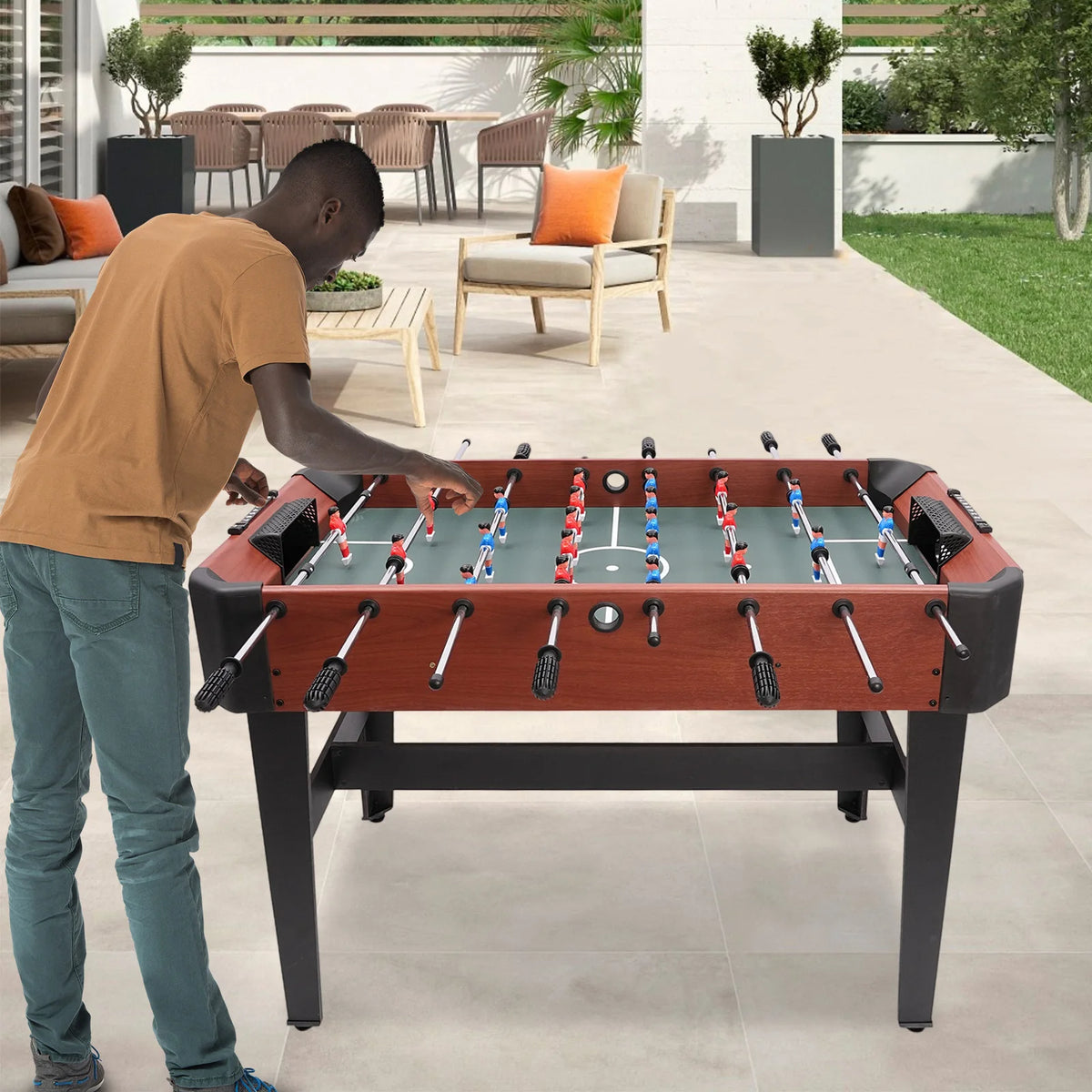 Mesa de futbolín de estructura resistente con 8 barras para una experiencia de fútbol real en juegos familiares interactivos