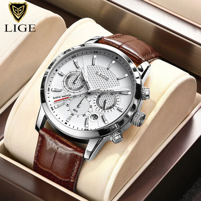 Nuevo reloj para hombre LIGE, diseño de negocios a la moda con correa de cuero genuino marrón, reloj de cuarzo deportivo impermeable con calendario para hombre