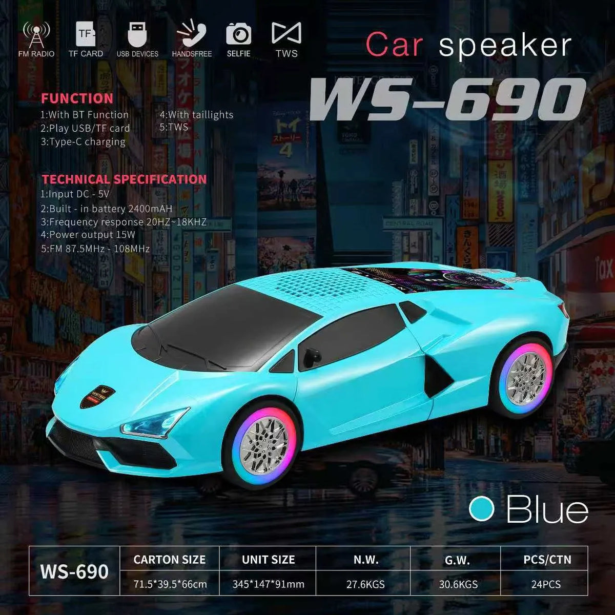 Altavoz Bluetooth modelo coche WS-690, altavoz inalámbrico portátil con luz LED, radio FM, tarjeta TF, reproducción USB, decoración de escritorio